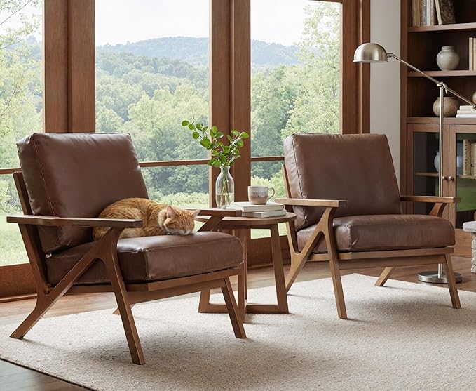 HNY Mid Century Arm Chairs Set of 2, Retro Accent Armchair with Wood Frames & Faux Leather Upholstered Removable Cushions, Leisure Reading Chair Slipper Chair for Living Room Bedroom, Brown