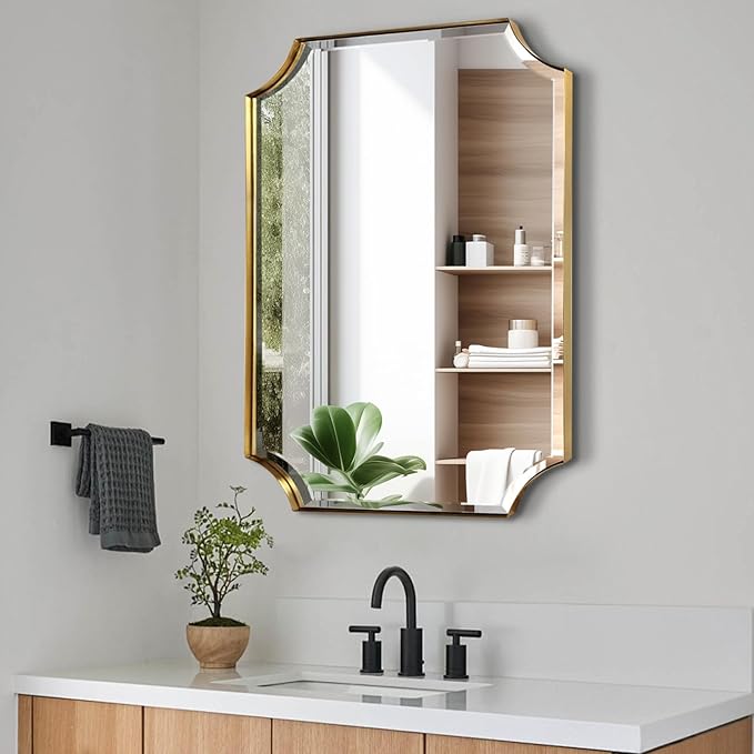 POZINO Beveled Vanity Mirror, 24"x36" Modern Bathroom Mirrors Over Sink, Rounded Rectangle Mirrors with Stainless Steel Frame, Brushed Brass Wall Mirrors for Bedroom Living Room Fireplace Entryway