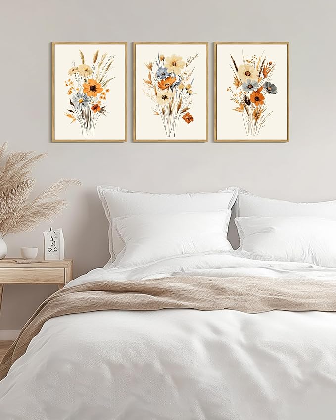 KUVIOKE Vintage Wildflower Bouquet Framed Wall Art Retro Flower Botanical Pictures Illustrations Colorful Floral Hanging Decor 12x16in (Natural Framed)