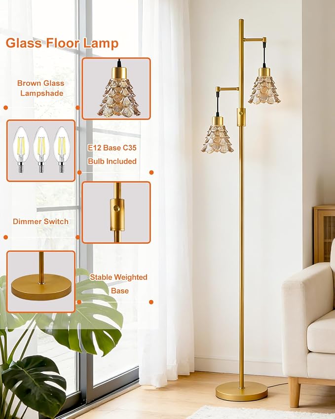 2-Light Modern Glass Floor Lamp, Gold Standing Tall Lamp with Amber Shell Glass Shade, Dimmable LED Floor Lamp with 5Lbs Heavy Base for Living Room Bedroom Home Decor, Bulb Included