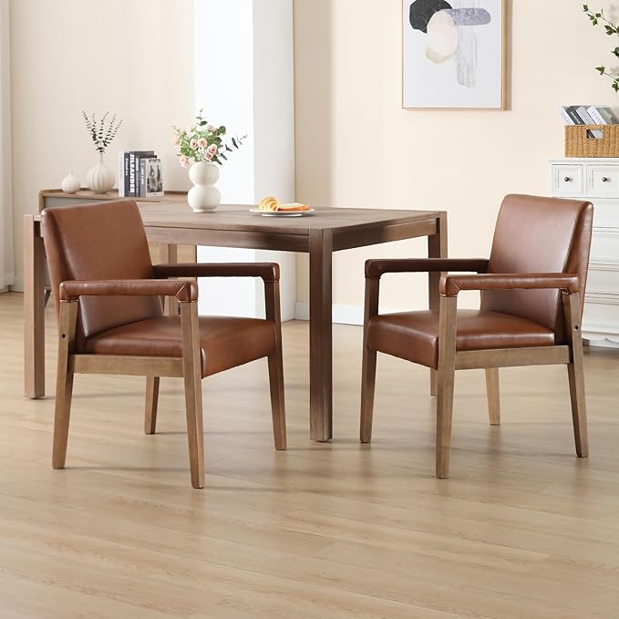 Mid Century Modern Dining Chairs Set of 6 Faux Leather Upholstered Living Room Side Chair, Kitchen Arm Chair with Solid Wood Legs for Home Kitchen & Restaurant, PU Brown