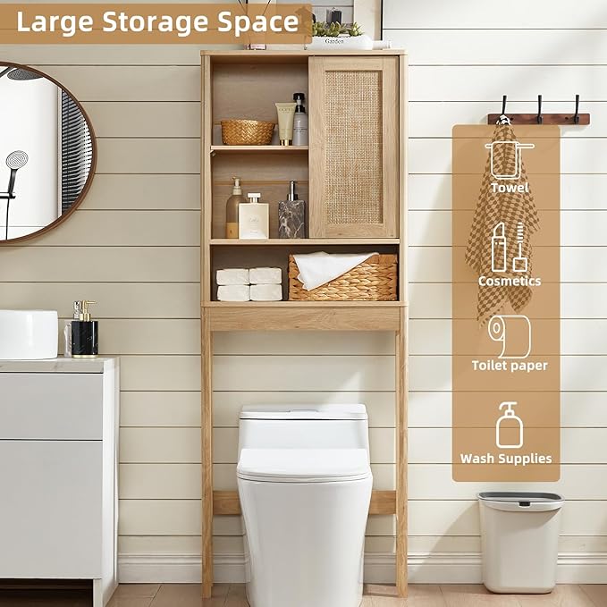 LEYAOYAO Over The Toilet Storage Cabinet with Rattan Sliding Door, 68" Tall Wood Above Toilet Bathroom Organizer w/Adjustable Shelf & Curved Profile, Space Saver Freestanding Washer Shelf, Natural