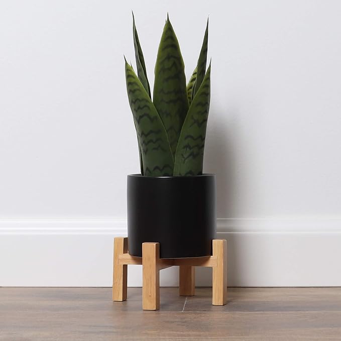 Bornbridge Artificial Snake Plant with Mid Century Plant Stand - Sansevieria Plant in Modern Planter - Artificial Plants with Indoor Plant Stand - Faux House Plants (Small / 1 Pack)