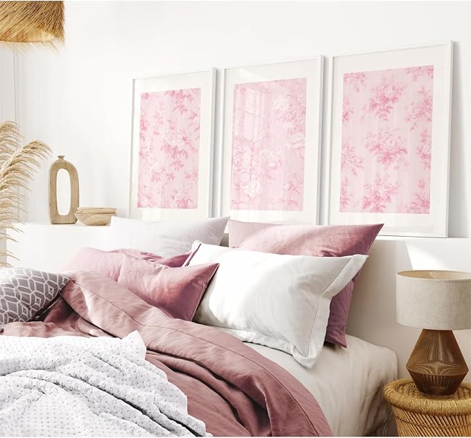 Baccone Pink Floral Wall Art Chinoiserie Flower Wall Decor Pictures Aesthetic Canvas Wall Art Love Shack Fancy Poster Vintage Floral Prints for Living Room Bedroom 16x24 Inch Unframed Set of 3