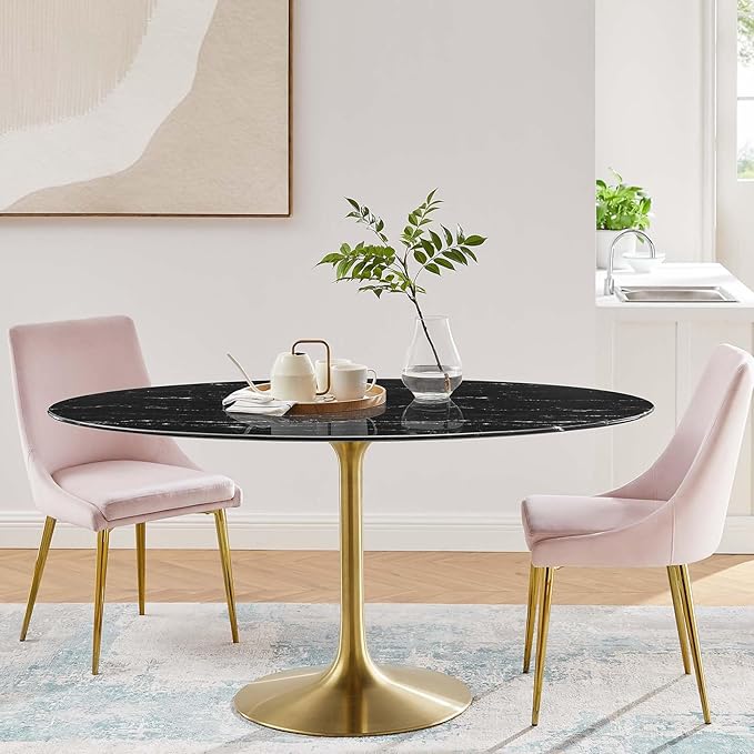 Modway Lippa Oval 60" Artificial Marble Mid-Century Modern Dining Table, Gold Black