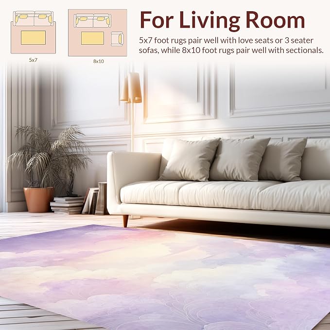 Flatwoven High Traffic Area Rug 8x10, Dreamlike Cloud with Hues and Subtle Gradients, Non Slip, Stain Resistant, Washable Area Rugs for Living Room, Bedroom (Purple, 8x10)