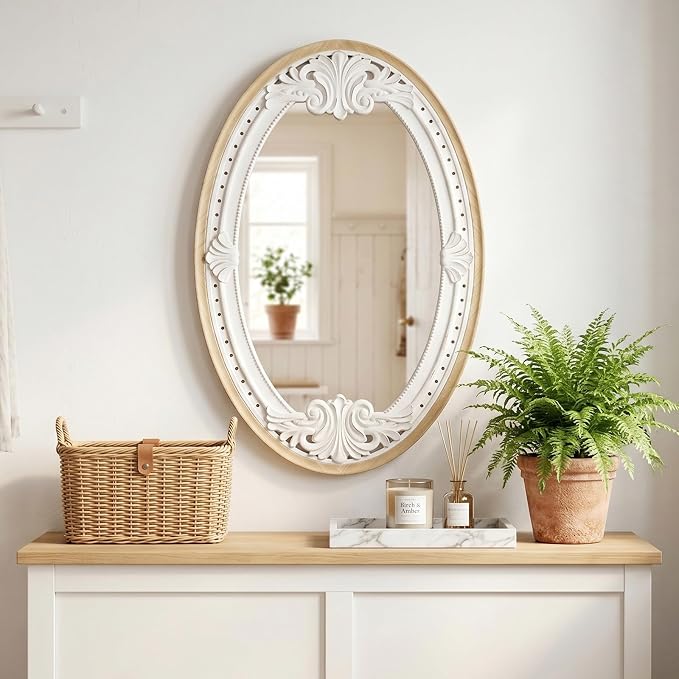 sawsile Oval Wood Mirror,Rustic 20x30 Inch Wooden Farmhouse Decorative Vanity Natural Mirrors for Bedroom, Bathroom, Living Room,or Entryway