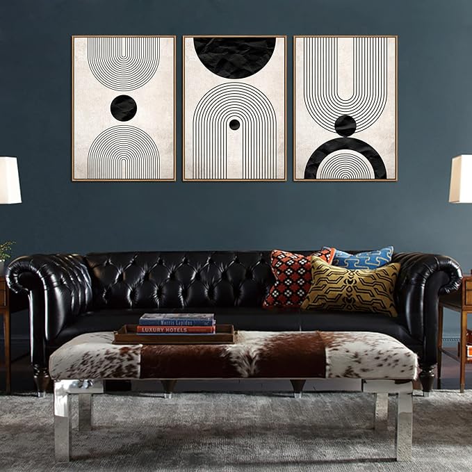 Framed Wall Art Canvas Set Mid Century Boho Pictures Modern Abstract Geometric Wall Decor Minimalist Black Beige Bohemian Canvas Painting Artwork for Living Room Bedroom Office 20"x28"x3 Natural