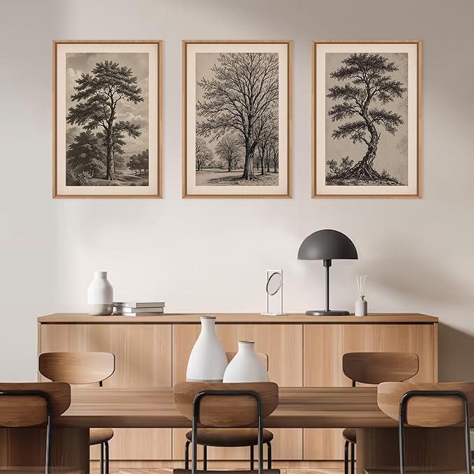 HPINUB Vintage Sketch Tree Framed Canvas Wall Art Set,Modern Nature Botanical Wall Decor, Antique Wilderness Tree Artwork,Minimalist Neutral Art Prints for Living Room,Bedroom,Farmhouse-24"x36"x3