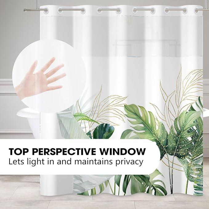 No Hook Shower Curtain Tropical Palm Leaf Shower Curtain with Snap in Liner Set Modern Green Plants Jungle Bathroom Curtains Double Layers Washable 71x74 Inch