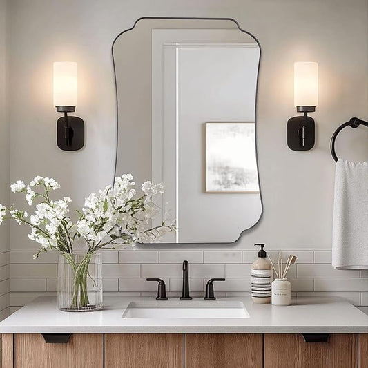 ANDY STAR Matte Black Mirror 26x38 Inch, Scalloped Wall Mirror, Unique Rectangular Bathroom Mirror in Premium Stainless Steel Metal Frame 1’’ Deep, Hangs Vertically/Horizontally