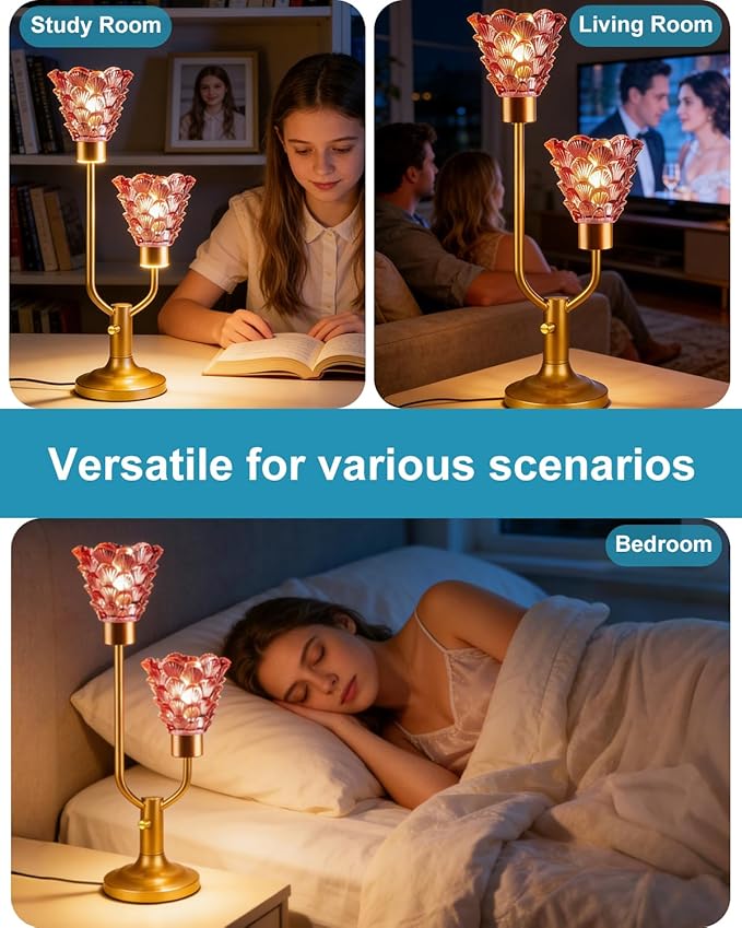 Lightdot Mid Century Modern Table Lamp for Living Room Dimmable Vintage Gold Desk Lamp Red Glass Nightstand Lamp 2 Bulbs Included Warmwhite Ambient Bedside Lamps for Bedroom Home Office Decor Gift