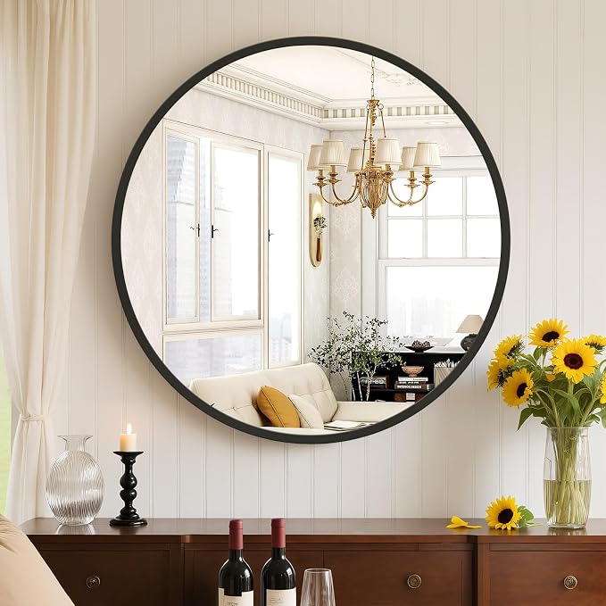 Sweetcrispy 20 Inch Round Wall Mirror with Tempered Glass, Bathroom Mirror Over Sink, Anti-Fog & Waterproof Round Mirrors for Bathroom, Entryway, Bedroom, Shatterproof Design, Black