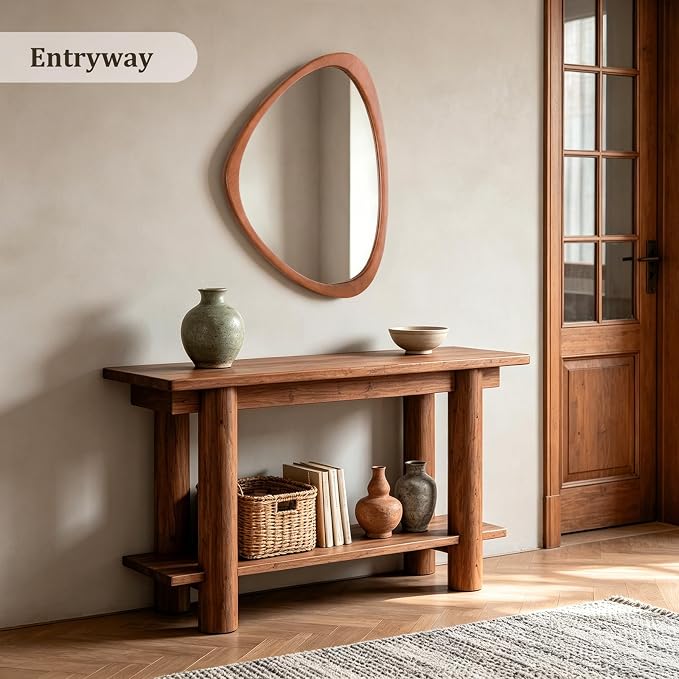 HOMECOOKIN 20" H x 25.5" W Asymmetrical Mirror, Irregular Wooden Wall Mirror for Bedroom, Living Room,Entryway– Boho Mid Century Modern Decorative, Solid Wood Frame, Pebble Shaped Design (Walnut)