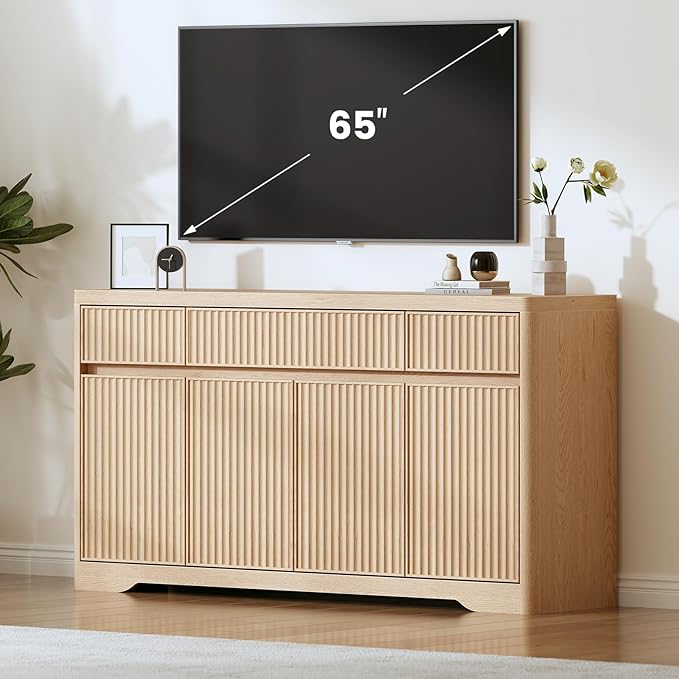 Fluted Buffet Cabinet with Storage, Modern Sideboard Credenza with 3 Drawers, 4 Doors & Adjustable Shelves, Wood Kitchen Storage Coffee Bar Cabinet for Dining Room, Living Room, Natural Oak