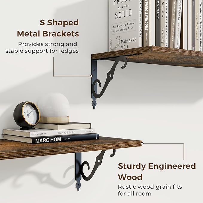 RICHFOCUS 12 Inch Deep Floating Shelves for Wall, 24" W x 12" D Wood Wall Shelves Set of 2, Wide Floating Shelves for Living Room, Bedroom, Kitchen, Bathroom and Decor Storage, Rustic Brown