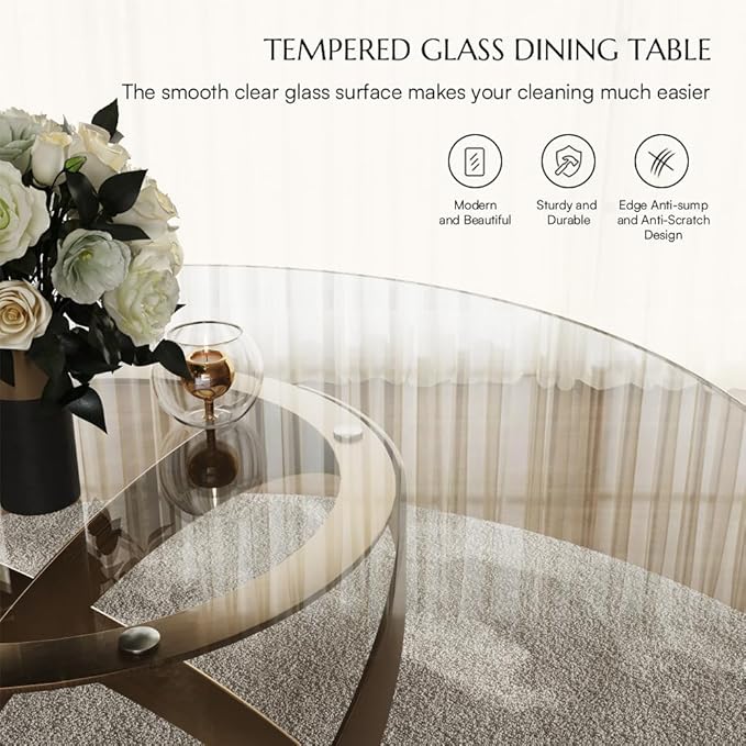 POVISON 59" Modern Round Dining Table, Glass Round Kitchen Table for 6, Glass Dining Room Table Top with Bronze X Carbon Steel Base for Dining Room (Dining Table Only)