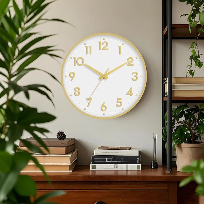 Mosewa Wall Clock 10 Inch, Battery Operated Silent Non-Ticking Modern Analog Clock Decorative for Kitchen, Bedroom, Office, Living Room(White Gold)