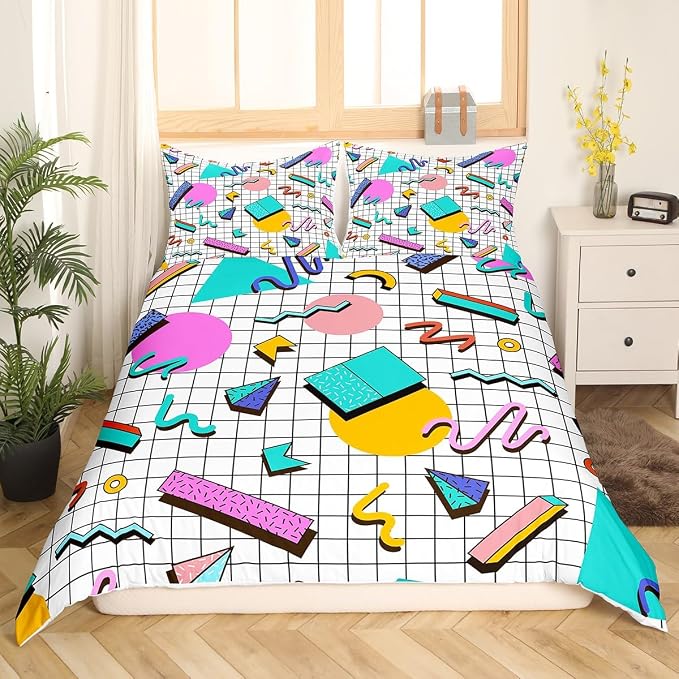 Memphis Duvet Cover Set Twin Size, Retro 80s or 90s Geometric Fashion Style Comforter Cover with 1 Pillowcase, Vintage Hip Hop Bedding Set for Kids Boy Girls Lightweight Bedspread Cover,No Comforter