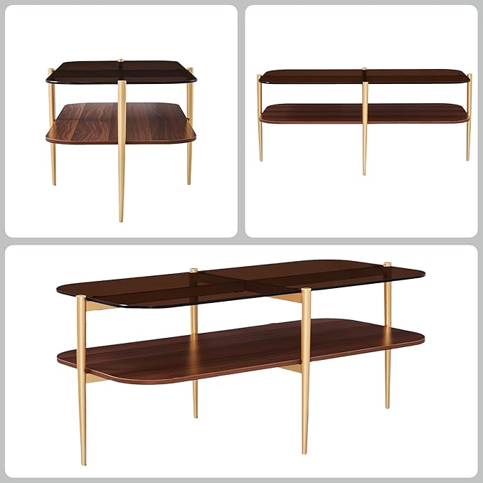 Saint Mossi Oval Glass Coffee Table for Living Room, Mid Century Modern Center Table, Brown Glass & Coffee Brown MDF Bottom Shelf with Rounded Corners, L41xW21xH17