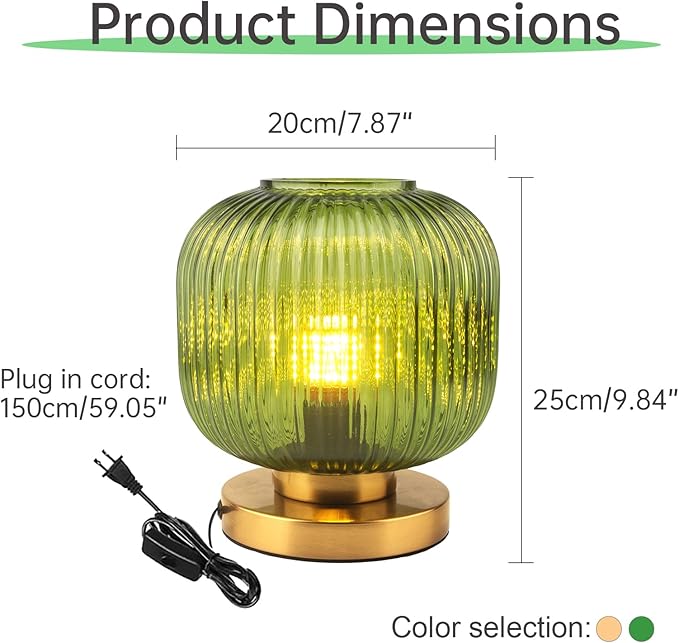 Green Glass Table Lamp - Mid Century Modern with Ribbed Glass Shade, Gold Finish - Desk & Nightstand Lamp - Small Size for Bedside, Living Room & Office