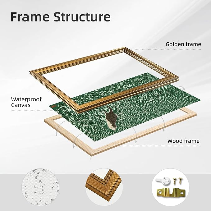 Gold Framed Japanese Otter Swimming Poster Funny Nature Wild Animal Pictures Retro Minimal Green Water Canvas Wall Art for Living Room Bedroom Bathroom 16x24 inch