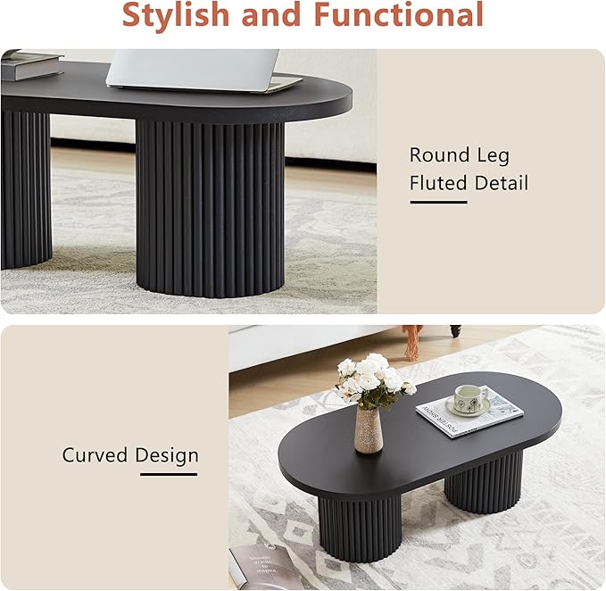 Oval Fluted Coffee Table, Farmhouse Wood Coffee Table Mid Century Modern Center Table Boho Living Room Tables for Living Room Office (Black, 19.69" D x 39.38" W x 13.78" H)