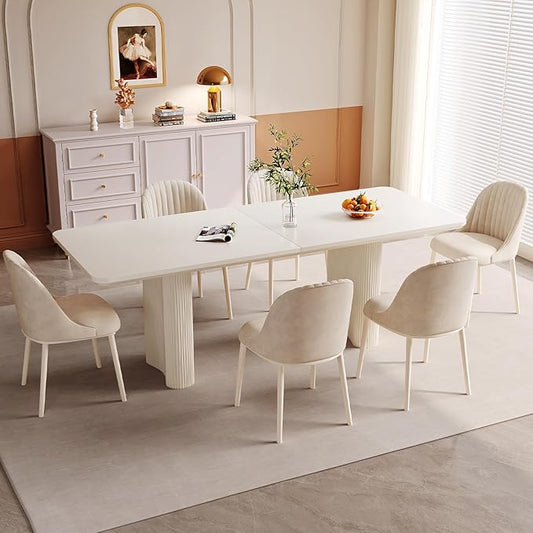 7-Piece Modern Dining Set, 78.97" Dining Table Set for 6, Rectangular Kitchen Table with 6 Chairs, White Dinner Table for 4-8 Person
