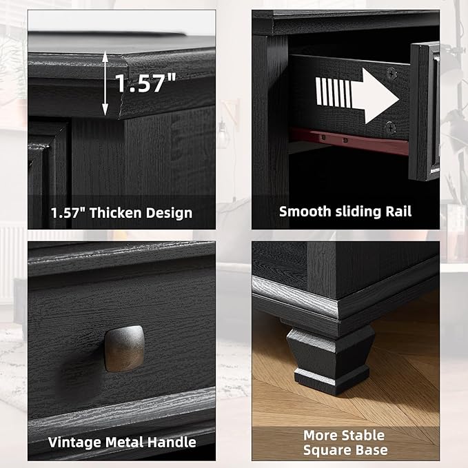 Farmhouse End Tables Living Room Set of 2, Rustic Wood Nightstand with 1 Drawer, Bedside Table with Open Shelf for Bed Room, Side Table for Living Room, Black