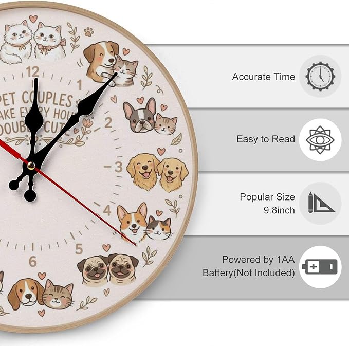 Adorable Animal Pairs Silent Non-Ticking Wooden Wall Clock 10/12 inch, Frameless Cute Pet Couples Design for Kids Room, Bedroom, Kitchen, Office, Battery Operated Home Decor Gift