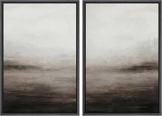MUDECOR Framed Canvas Print Wall Art Neutral Abstract Modern Minimalist Landscape in Beige and Gray Illustrations Modern Art Decorative Bohemian for Living Room, Bedroom, Office - 16"x24"x2 Black