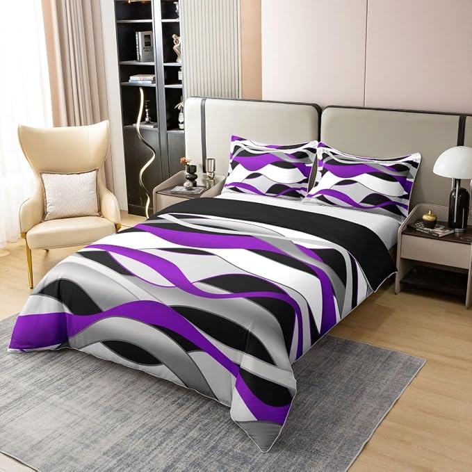 Erosebridal Modern Geometric Bedding Set Full Purple and Grey Striped 100% Cotton Duvet Cover Geometric Simple Pattern Comforter Cover for Kids Teens Adults Waves Art Stripes Bed Set 3 Pcs