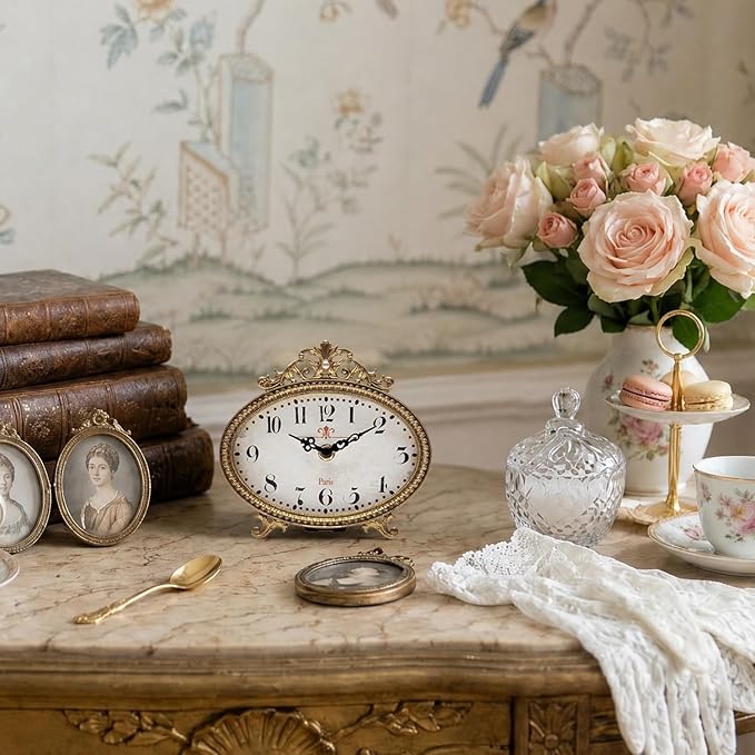 NIKKY HOME Vintage Table Clock, French Gold Color Rococo Style Desk Clock Battery Operated Rustic Design, Home Décor for Living Room, Bedroom, Bedside, Desk, Gift Clock