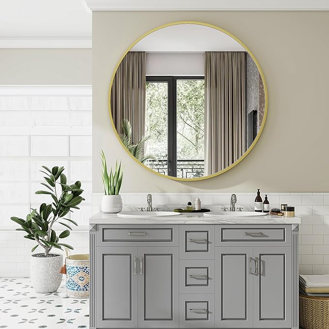 VooBang Large Gold Round Bathroom Mirror, 48 inch Circle Wall Mounted Hanging Mirror with Simple Modern Circular Metal Frame for Hallway, Entryway, Living Room, Gold Frame