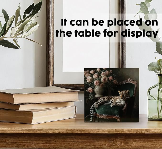 Leopard Room Decor Signs, Leopard Gifts for Women, Luxury Dark Academia Classic Maximalist Cheetah Floral Wooden Box Sign for Girls Room Bedroom Apartment Desk Table Shelf 5x5 Inch