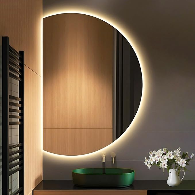 Modern Smart Anti-Fog Bathroom Mirror with Lights, Half Moon LED Wall Mirror, 3 Colors Dimmable Makeup Vanity Mirror, Large Frameless Decorative Mirror for Living Room(Left Cut,43"x28")