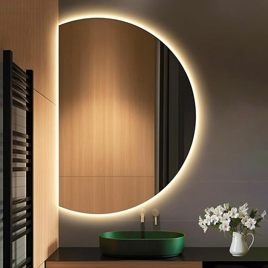 Modern Smart Anti-Fog Bathroom Mirror with Lights, Half Moon LED Wall Mirror, 3 Colors Dimmable Makeup Vanity Mirror, Large Frameless Decorative Mirror for Living Room(Left Cut,43"x28")