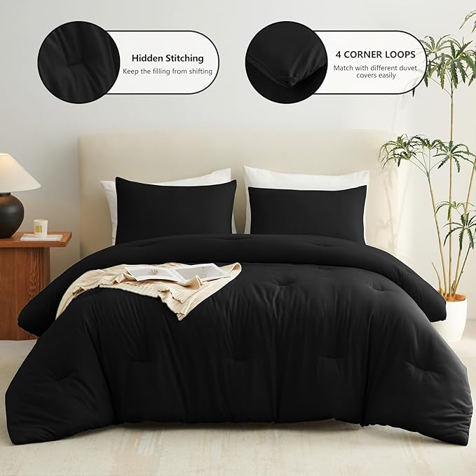 CozyLux Twin Comforter Set College Dorm Essentials, 2 Pieces Black Twin Extra Long Solid Bedding Sets, Twin XL Bed Set with Down Alternative Comforter and 1 Pillowcase, Back to School Room Gift