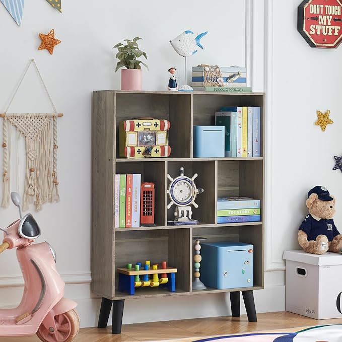 LEYAOYAO Cube Bookshelf 3 Tier Mid-Century Retro Grey Modern Bookcase with Legs,Retro Wood Bookshelves Storage Organizer Shelf,Freestanding Open Book Shelves for Bedroom,Living Room,Office