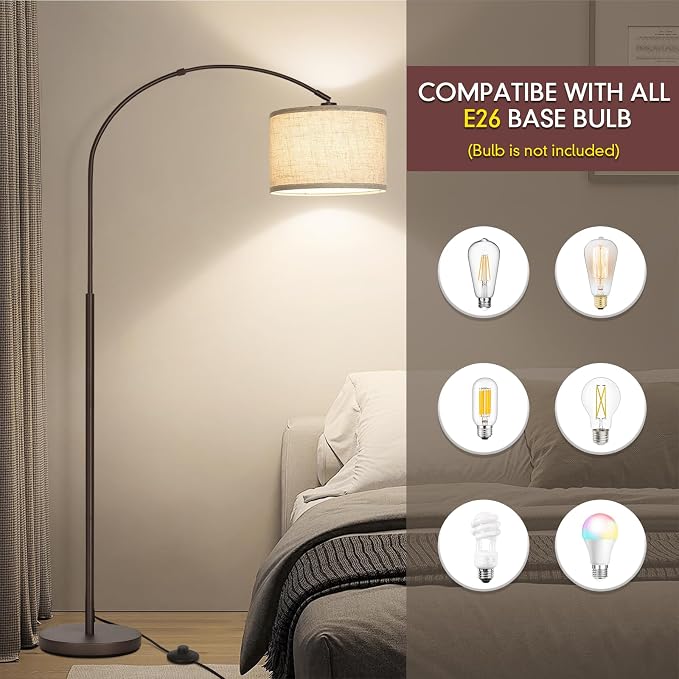 Seaside village Floor Lamp for Living Room, Arc Lamp with Adjustable Head, Modern Tall Lamp with On/Off Pedal Switch, Over Couch Standing Hanging Light for Reading, Bedroom, Office (Brown)