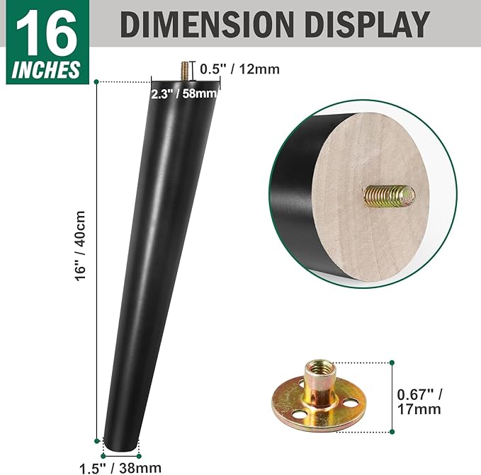 FoDau770 Black Rubber Wood Furniture Legs 16 Inches, Slant Tapered Wood Feet Mid Century Table Legs Set of 4, 5/16" UNC Screw-in Furniture Feet - Max Leg Diameter 2.3"