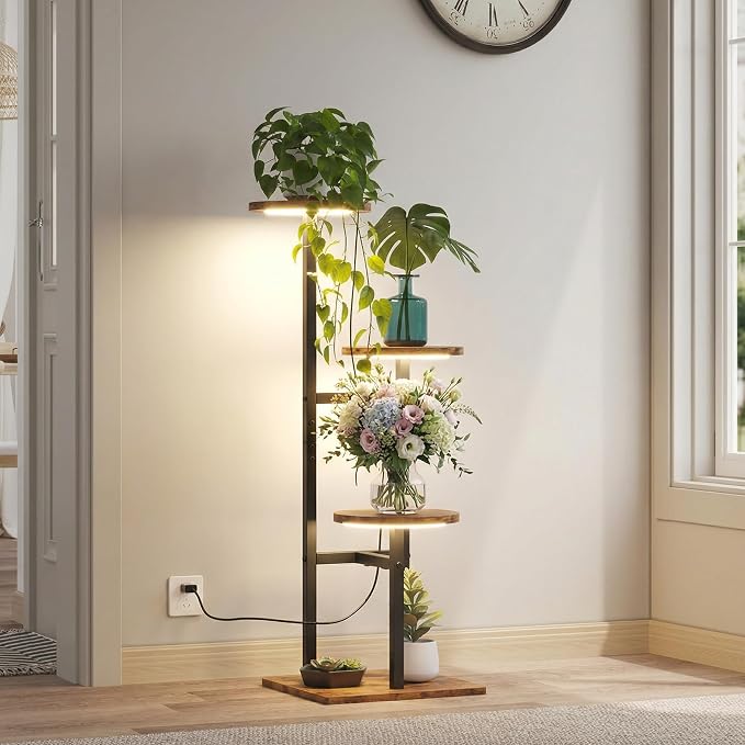 3 Tier Plant Stand Indoor with Grow Light for Multiple Plants | Corner Flower Stand, Vintage Multi-Layer Design, Sturdy Plant Shelf, Space-Saving, Ideal for Living Room Indoor Plant Display