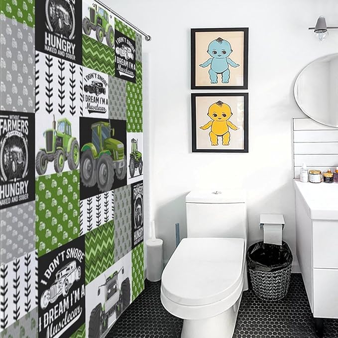 Tractor Shower Curtains Cartoon Farm Kids Tractor Boys Girls Truck Car Harvester Excavator Waterproof Shower Curtains for Bathroom Decor 12 Pack Hooks 55x72in（140x183cm）