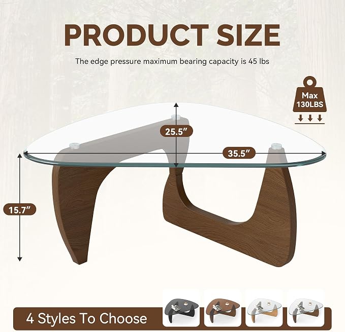 Modern Glass Coffee Table, Triangle Center Table with Tempered Glass Top& Unique Wooden Base, 35.5” Mid Century Tea Tables for Living Room, Apartment, Office,Walnut &Transparent