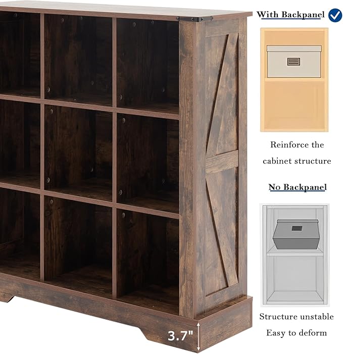 9 Cube Storage Organizer, 3 Tier Book Shelf with Led Lights, Farmhouse Book Shelves for Living Room, Horizontal Toy Storage Bookshelf, Wood Display Bookcase Cabinet for Bedroom, Office, Brown