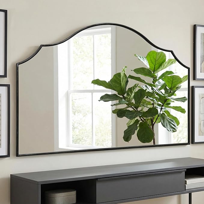 Besdomus Large Scalloped Black Mirror: 47"x31" Modern Minimalist Wood Frame Wall Mirror - Decorative Arched Fireplace for Bedroom/Bathroom/Dresser/Entryway/Mantle/Living Room - Stylish Home Decor