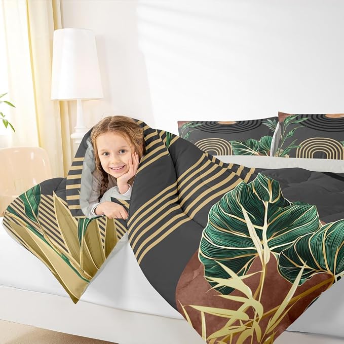Erosebridal Mid Century Toddler Bedding Set Brown Black Boho Geometric Comforter Set Tropical Modern Palm Leaf Down Comforter for Kids Teens Abstract Bohemian Aesthetic Bed Set Bedroom Decor