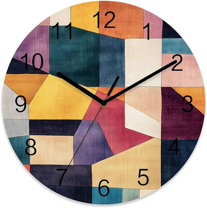 Impressionist Style Wall Clock Battery Operated Non-Ticking 10" Round Wood Clocks, Modern Colored Color Block Kitchen Wall Clock for School Bathroom Living Room Home Office Wall Decor