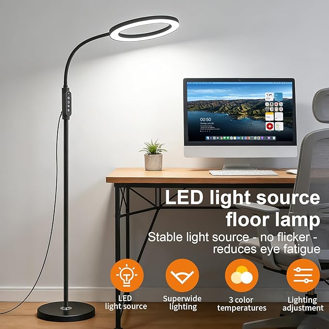 Bright 24W Dimmable LED Floor Lamps with Remote Adjustable Gooseneck Standing Light for Reading Makeup Tattoo Lash Extensions Black Modern Smart Tall Lamp Living Room Bedroom Office