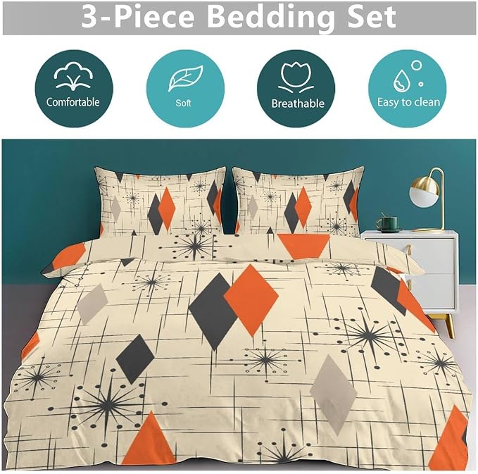 Mid Century Bedding Set,Retro Starbursts Abstract Orange Black Geometric Minimalist 1950s 60s Pattern Comforter Set with Pillowcase for Bedroom Bed Decor，Twin 86"x70"